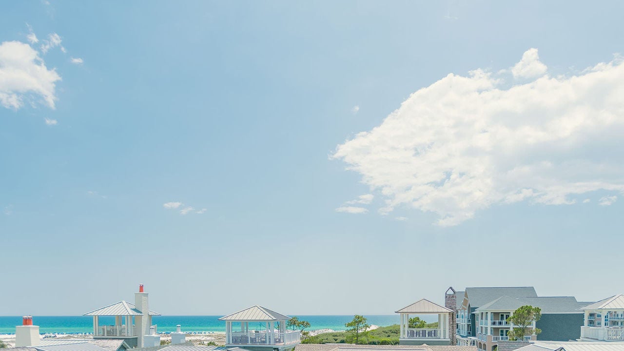 tops of community buildings and coast line