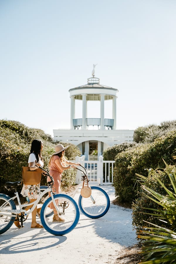 2 girls with 360 blue bikes in seaside